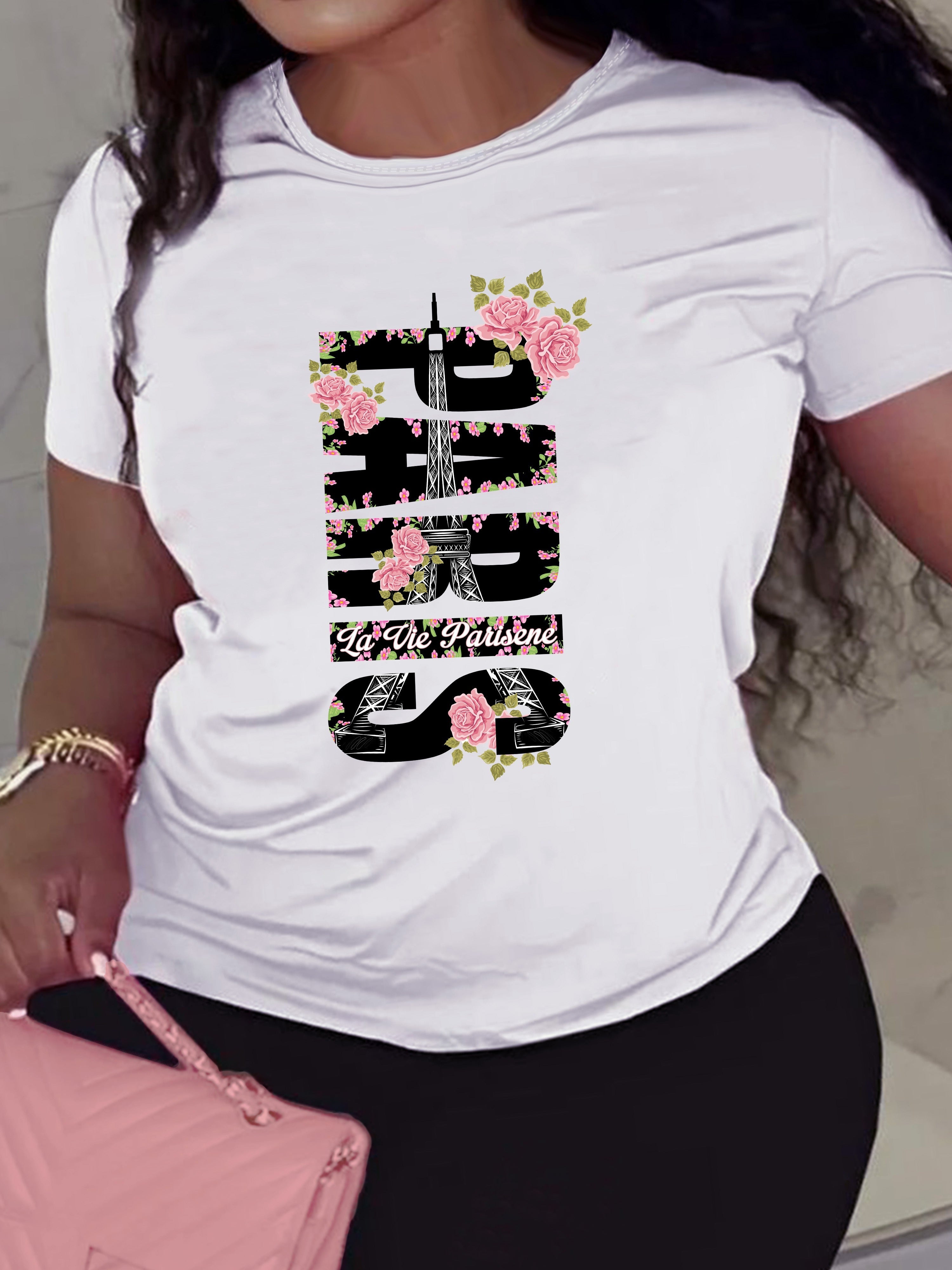 Women's Floral & Paris Letter Print T-Shirt, Casual Crew Neck Short Sleeve Top for Spring & Summer, Lightweight 180g/㎡, Pink with Black Eiffel Tower Design, Ladies T Shirts